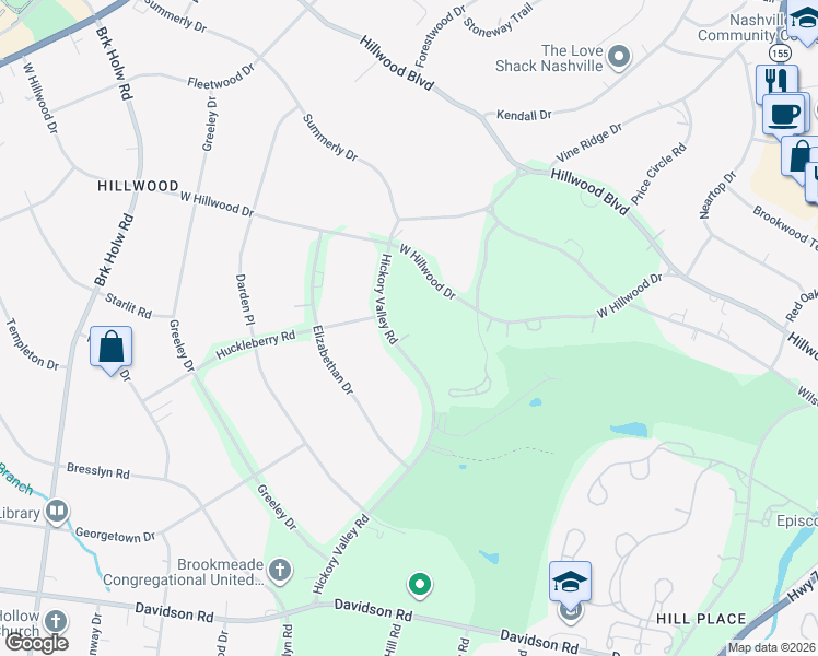 map of restaurants, bars, coffee shops, grocery stores, and more near 6109 Hickory Valley Road in Nashville