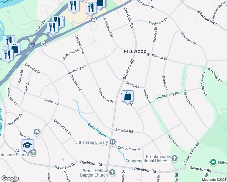 map of restaurants, bars, coffee shops, grocery stores, and more near 769 Brook Hollow Road in Nashville