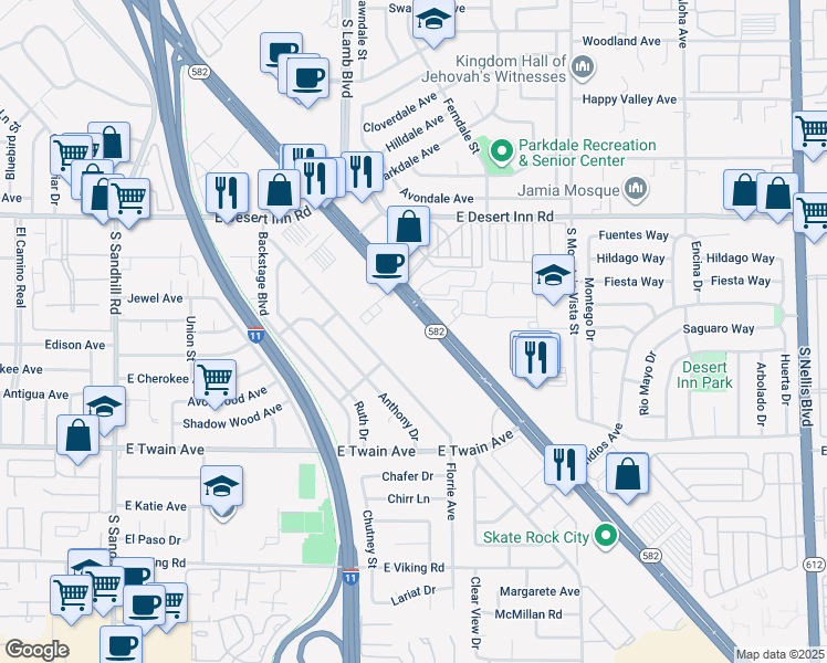 map of restaurants, bars, coffee shops, grocery stores, and more near 4350 Boulder Highway in Las Vegas