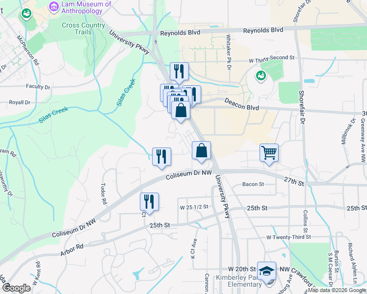 map of restaurants, bars, coffee shops, grocery stores, and more near 621 Gunston Court in Winston-Salem