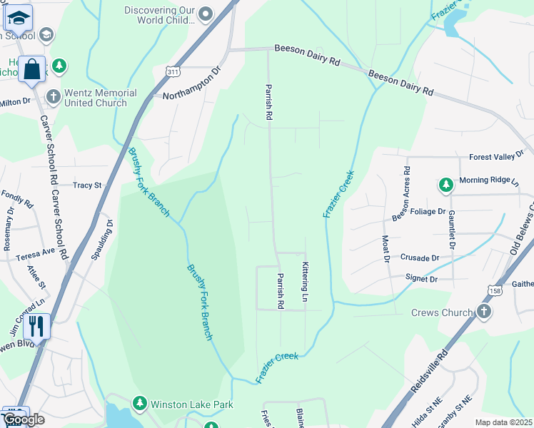 map of restaurants, bars, coffee shops, grocery stores, and more near 3609 Andrea Lane in Winston-Salem
