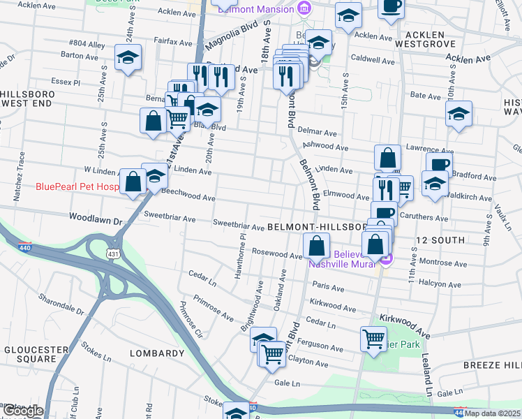 map of restaurants, bars, coffee shops, grocery stores, and more near 1713 Beechwood Avenue in Nashville