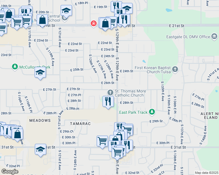 map of restaurants, bars, coffee shops, grocery stores, and more near 12611 East 27th Street in Tulsa
