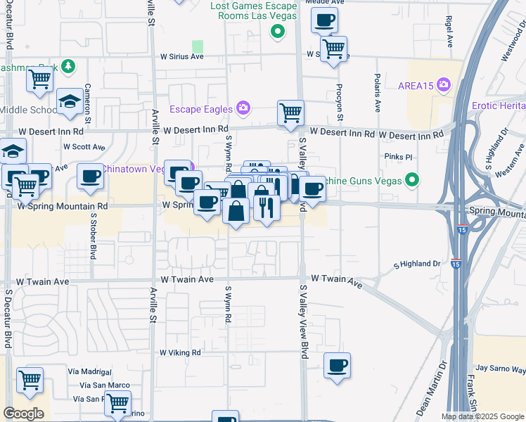 map of restaurants, bars, coffee shops, grocery stores, and more near 3959 Spring Mountain Road in Las Vegas