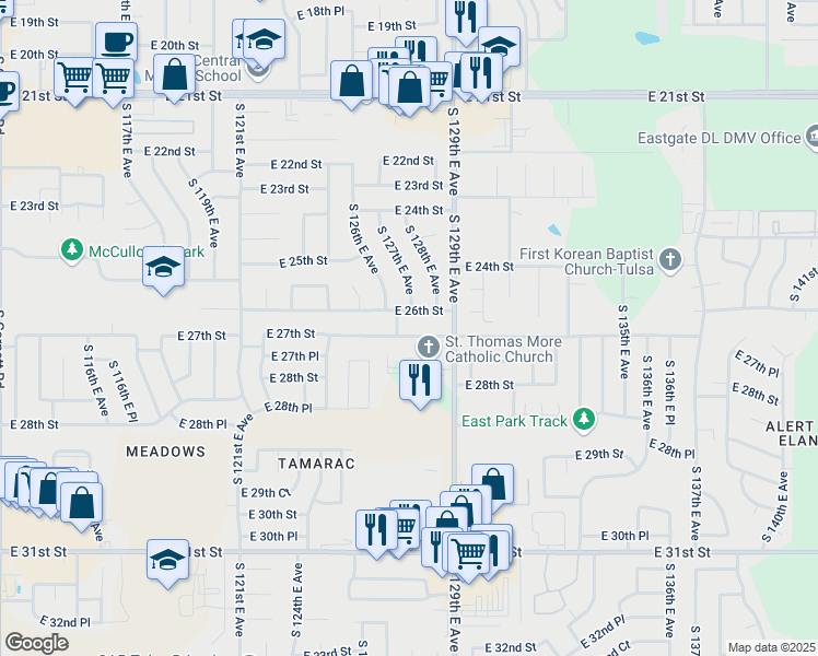 map of restaurants, bars, coffee shops, grocery stores, and more near 12611 E 27th St in Tulsa
