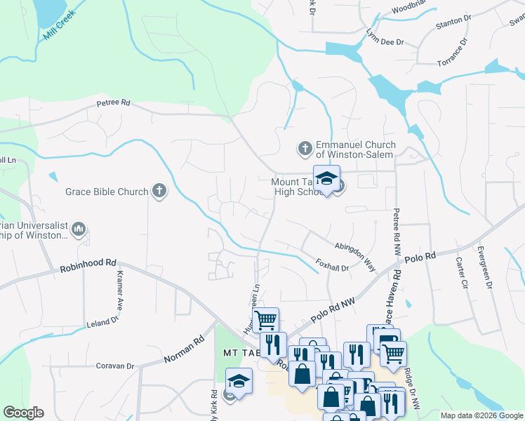 map of restaurants, bars, coffee shops, grocery stores, and more near 3905 Valley Court in Winston-Salem