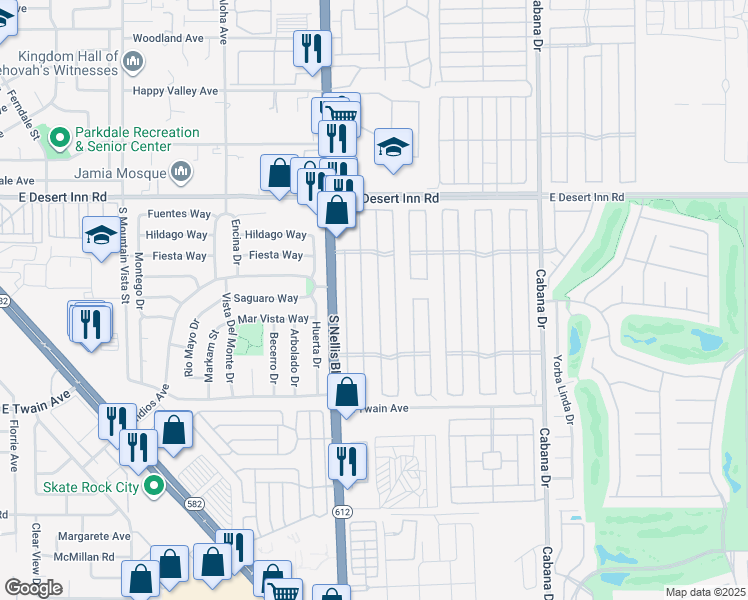 map of restaurants, bars, coffee shops, grocery stores, and more near 3477 Cape Cod Drive in Las Vegas