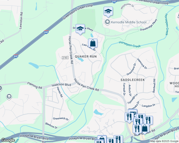map of restaurants, bars, coffee shops, grocery stores, and more near 3319 Quaker Run Drive in Greensboro