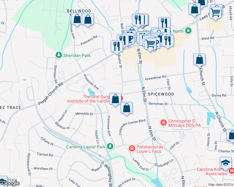 map of restaurants, bars, coffee shops, grocery stores, and more near 3801 Baylor Street in Greensboro