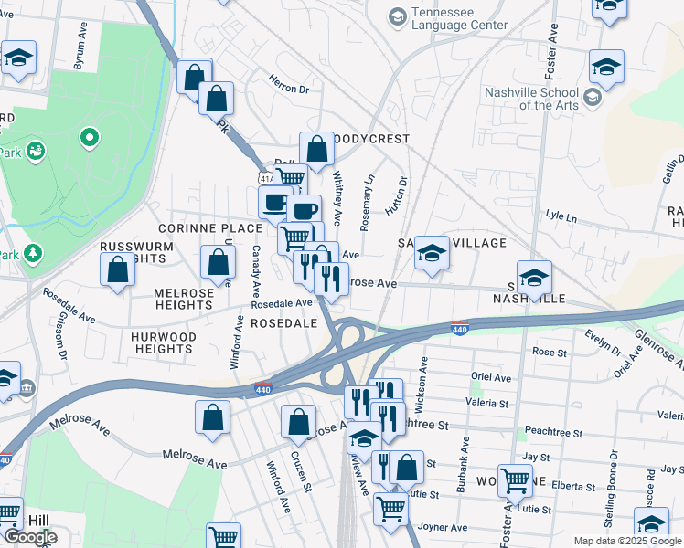 map of restaurants, bars, coffee shops, grocery stores, and more near 2162 Whitney Avenue in Nashville