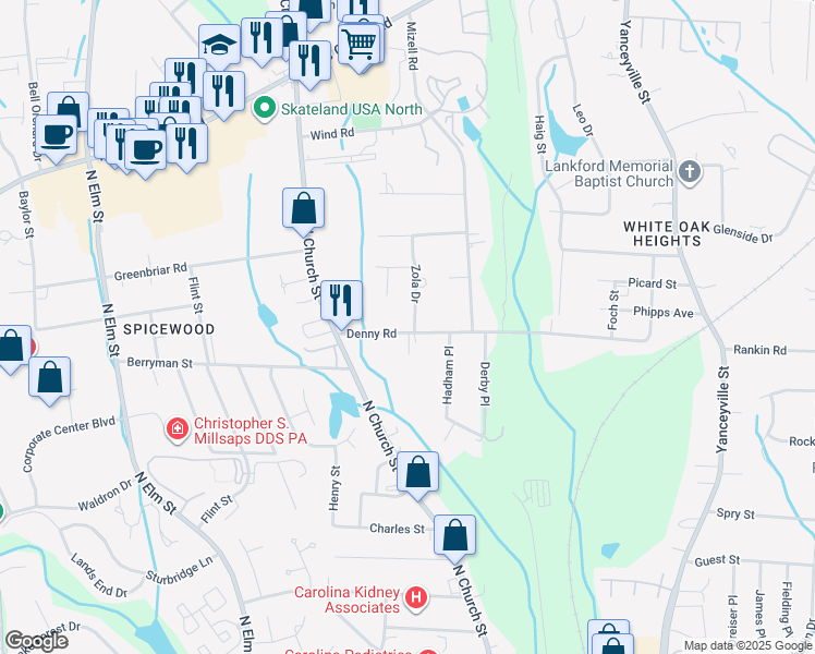 map of restaurants, bars, coffee shops, grocery stores, and more near 219 Denny Road in Greensboro