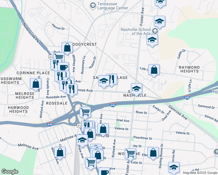 map of restaurants, bars, coffee shops, grocery stores, and more near 2150A Oakland Street in Nashville