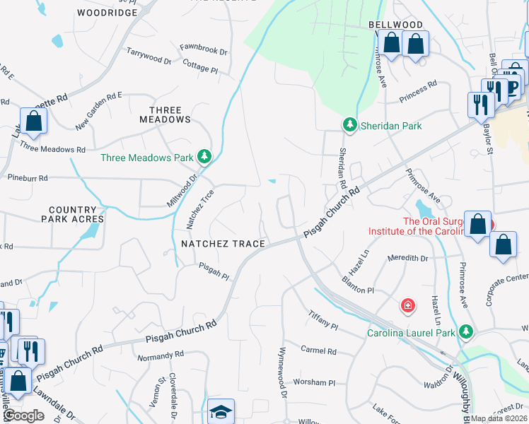 map of restaurants, bars, coffee shops, grocery stores, and more near 3723 Worthing Court in Greensboro