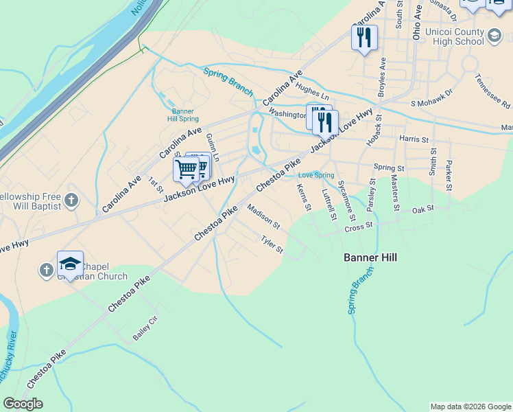 map of restaurants, bars, coffee shops, grocery stores, and more near 118 Madison Street in Erwin