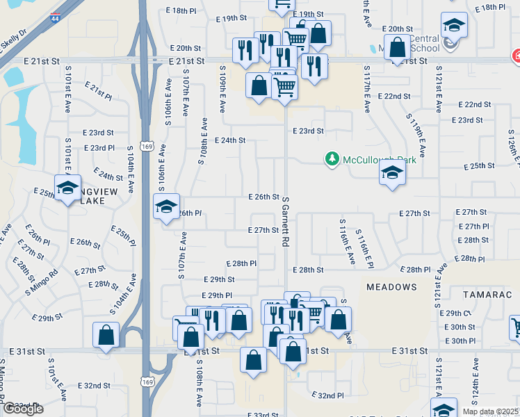 map of restaurants, bars, coffee shops, grocery stores, and more near 11019 East 26th Place in Tulsa
