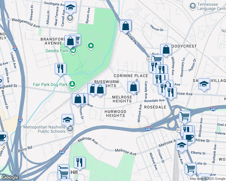 map of restaurants, bars, coffee shops, grocery stores, and more near 511 Southern Turf Drive in Nashville