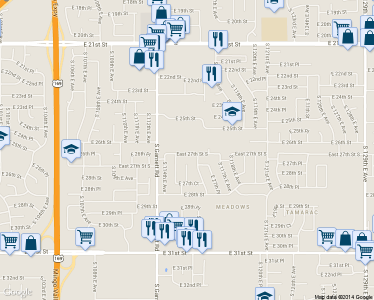 map of restaurants, bars, coffee shops, grocery stores, and more near 11521 E 27th St in Tulsa