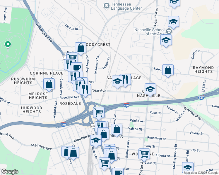 map of restaurants, bars, coffee shops, grocery stores, and more near 2155 Sadler Avenue in Nashville