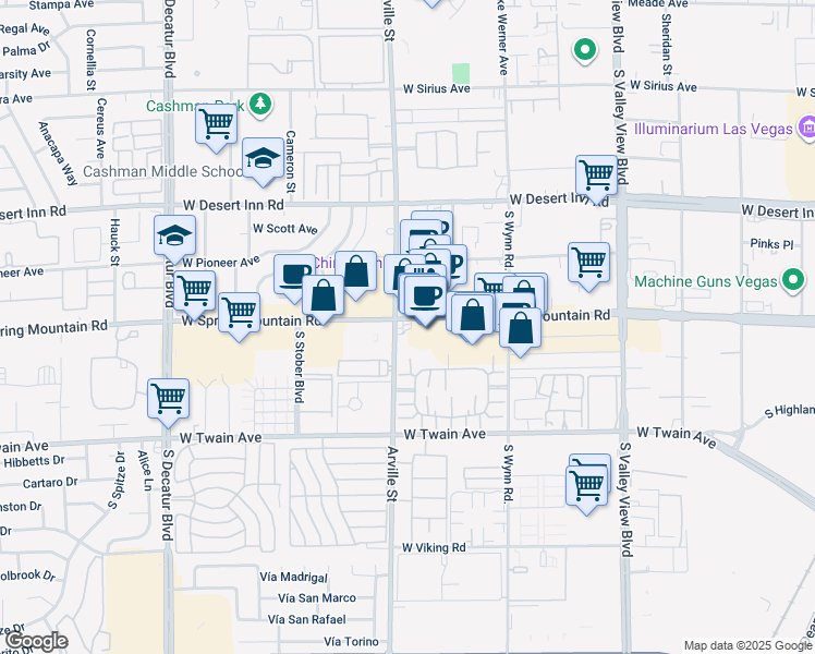 map of restaurants, bars, coffee shops, grocery stores, and more near 4375 Spring Mountain Road in Las Vegas
