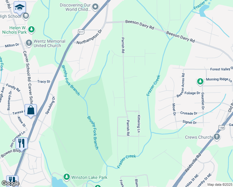 map of restaurants, bars, coffee shops, grocery stores, and more near 3609 Andrea Lane in Winston-Salem
