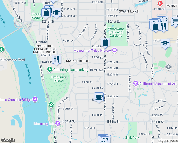 map of restaurants, bars, coffee shops, grocery stores, and more near 1206 Hazel Boulevard in Tulsa