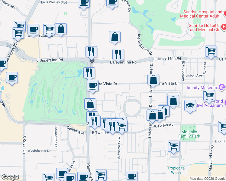 map of restaurants, bars, coffee shops, grocery stores, and more near 499 Sierra Vista Drive in Las Vegas