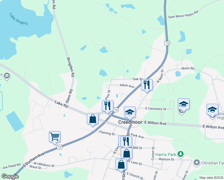 map of restaurants, bars, coffee shops, grocery stores, and more near 708 North Pine Street in Creedmoor