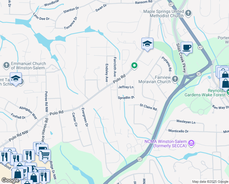 map of restaurants, bars, coffee shops, grocery stores, and more near 225 Lancaster St in Winston-Salem