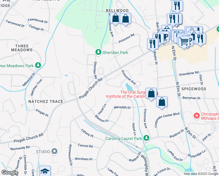 map of restaurants, bars, coffee shops, grocery stores, and more near 17 Park Village Lane in Greensboro