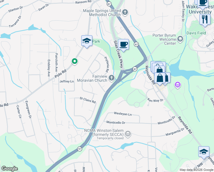 map of restaurants, bars, coffee shops, grocery stores, and more near 2915 Camp Circle in Winston-Salem