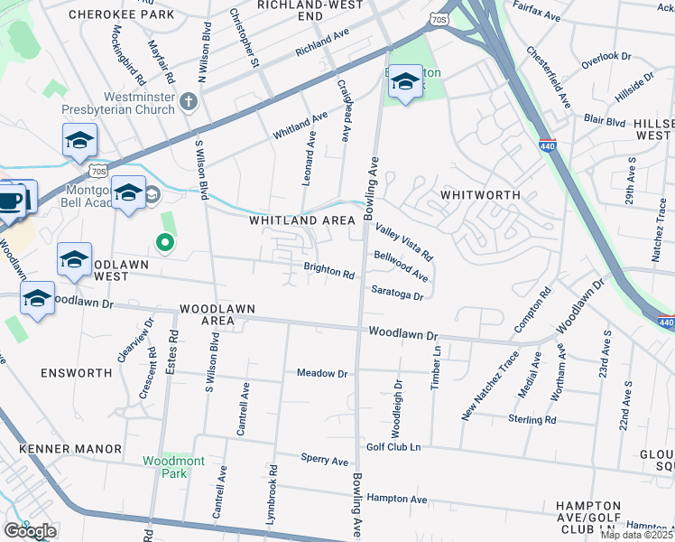 map of restaurants, bars, coffee shops, grocery stores, and more near 3614 Brighton Road in Nashville