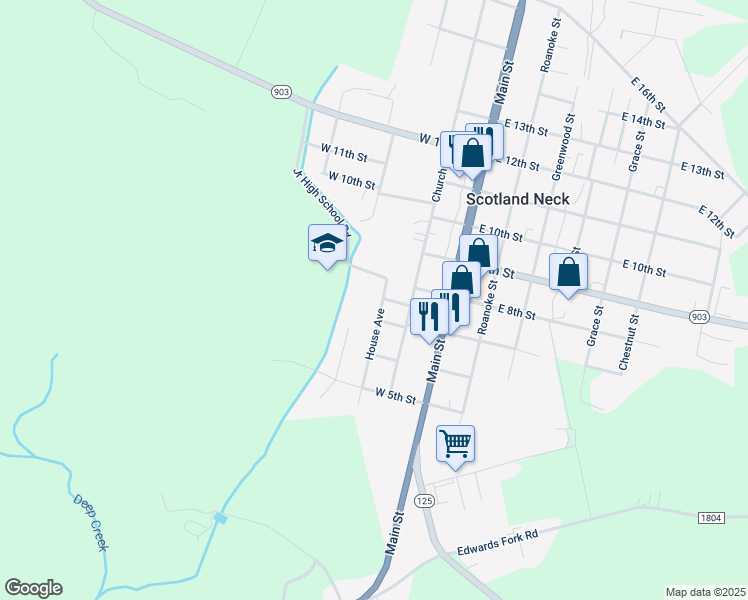 map of restaurants, bars, coffee shops, grocery stores, and more near 710 House Avenue in Scotland Neck