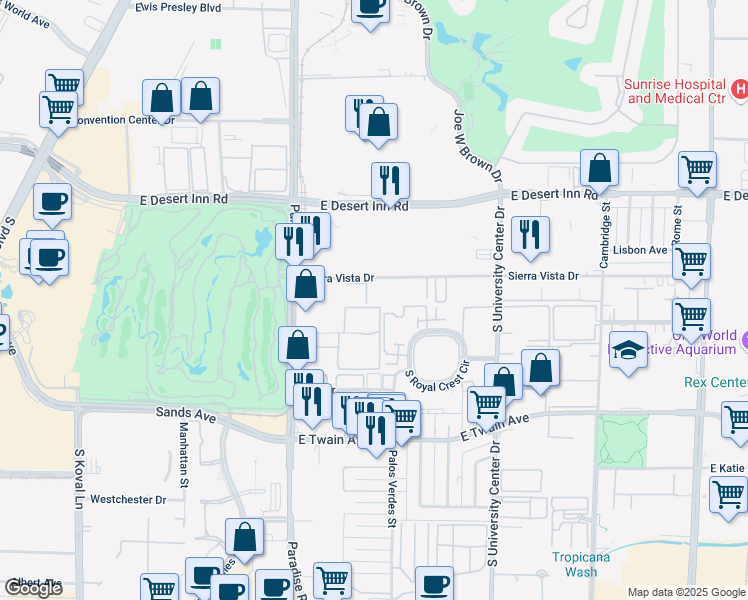 map of restaurants, bars, coffee shops, grocery stores, and more near 475 Sierra Vista Drive in Las Vegas
