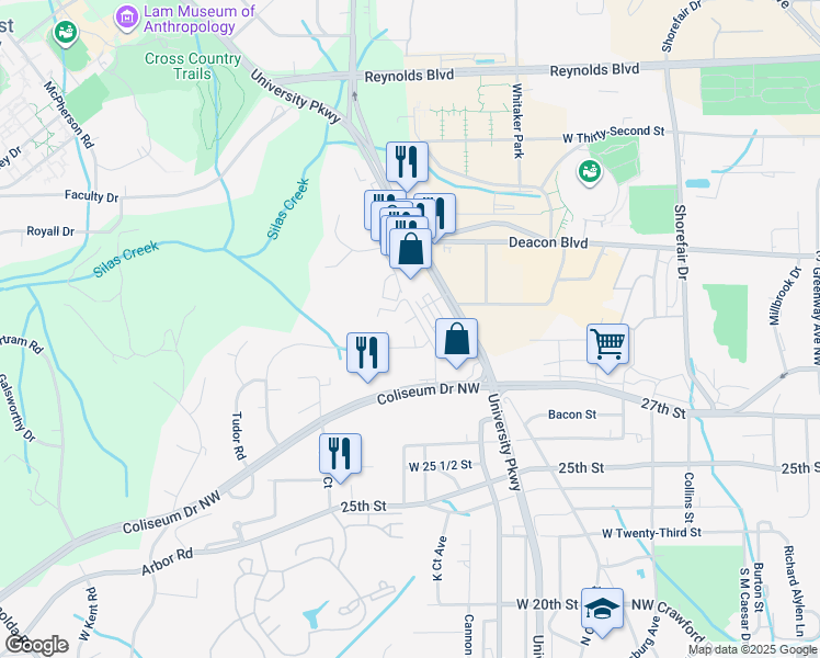 map of restaurants, bars, coffee shops, grocery stores, and more near 621 Gunston Court in Winston-Salem