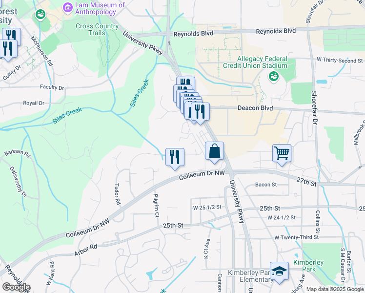 map of restaurants, bars, coffee shops, grocery stores, and more near 621 Gunston Court in Winston-Salem