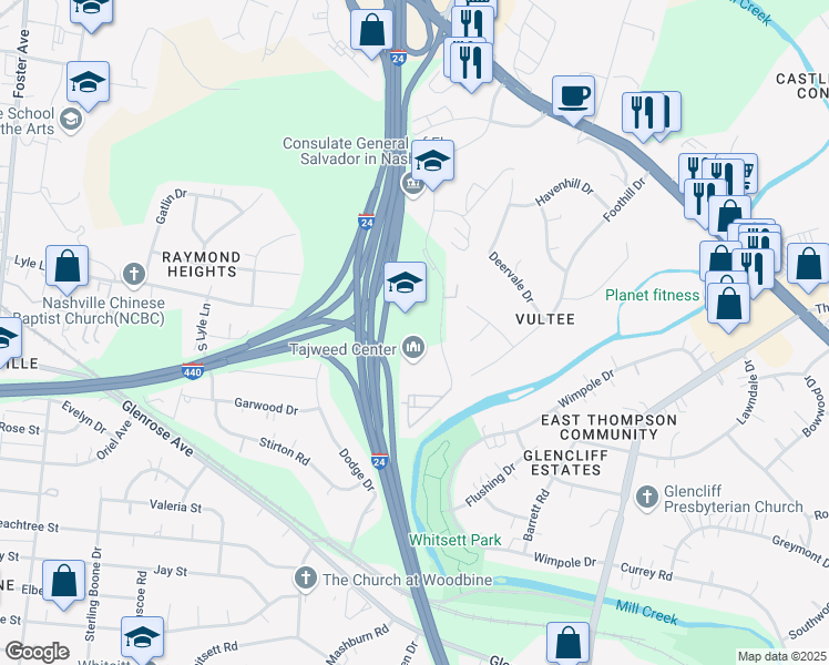 map of restaurants, bars, coffee shops, grocery stores, and more near 295 Plus Park Boulevard in Nashville