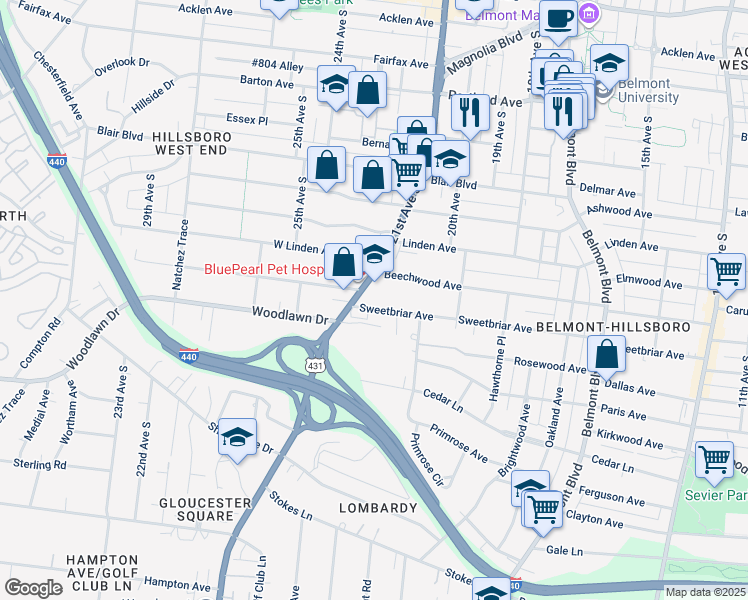 map of restaurants, bars, coffee shops, grocery stores, and more near 2012 Sweetbriar Avenue in Nashville