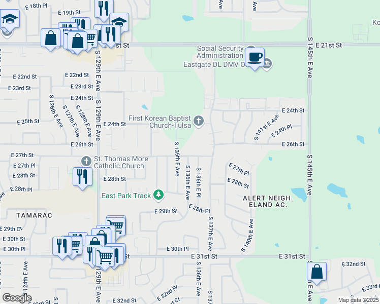 map of restaurants, bars, coffee shops, grocery stores, and more near 13515 East 27th Street in Tulsa