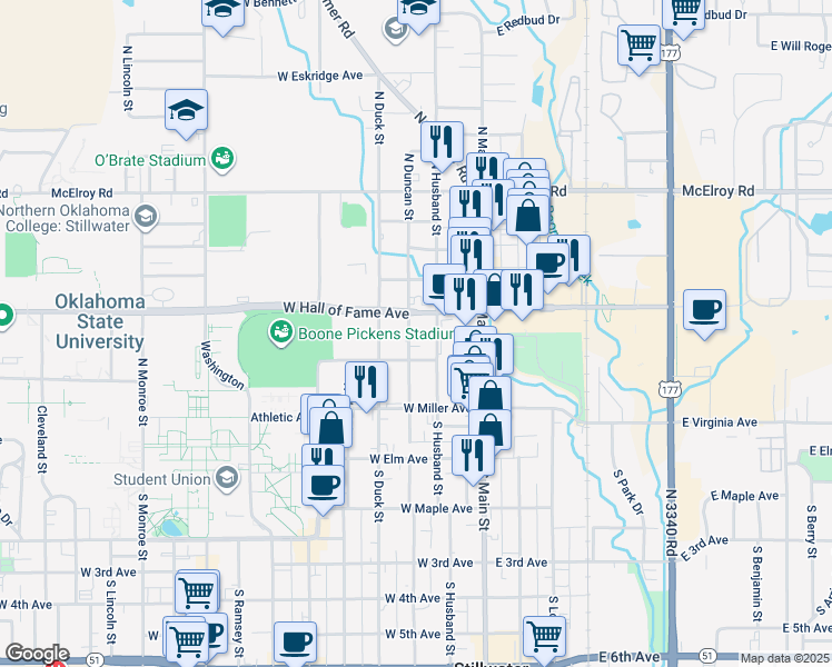 map of restaurants, bars, coffee shops, grocery stores, and more near 314 North Duncan Street in Stillwater