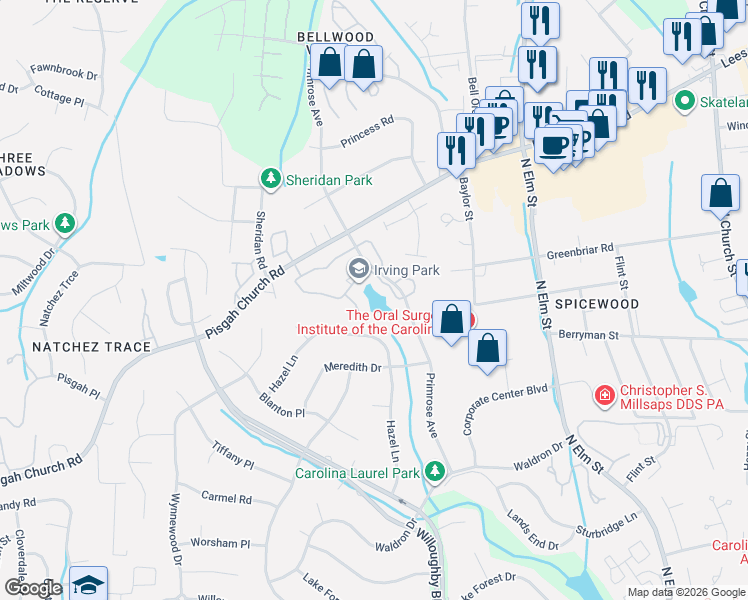 map of restaurants, bars, coffee shops, grocery stores, and more near 81 Park Village Ln in Greensboro