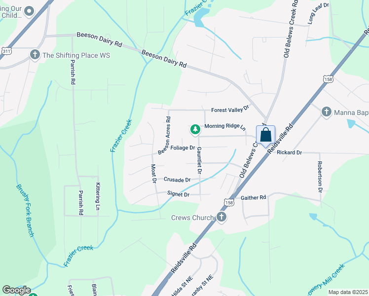 map of restaurants, bars, coffee shops, grocery stores, and more near 3848 Foliage Drive in Winston-Salem