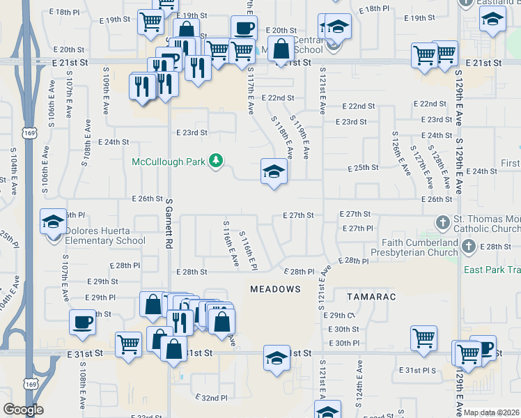 map of restaurants, bars, coffee shops, grocery stores, and more near 11645 E 27th St in Tulsa