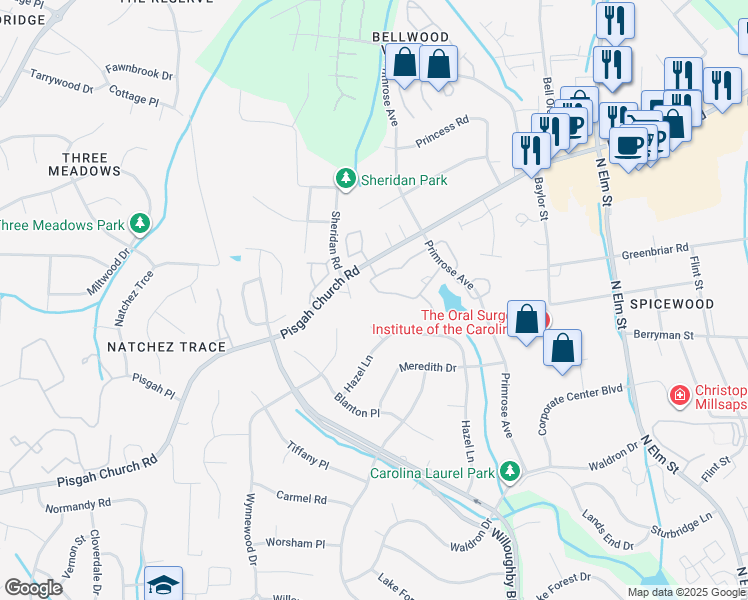 map of restaurants, bars, coffee shops, grocery stores, and more near 19 Park Village Lane in Greensboro
