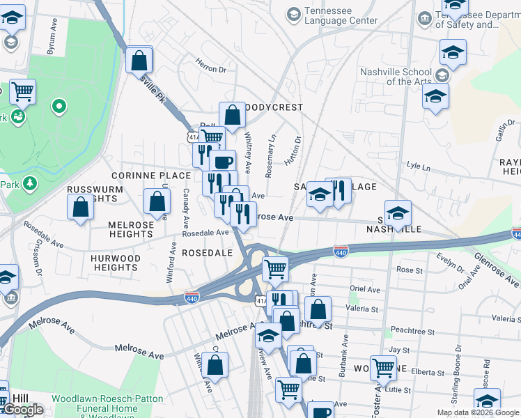 map of restaurants, bars, coffee shops, grocery stores, and more near 2162 Whitney Avenue in Nashville