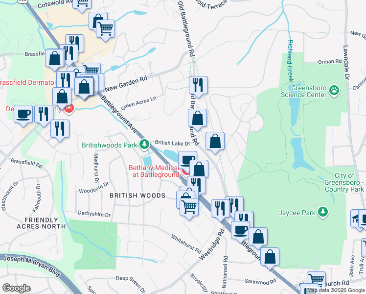 map of restaurants, bars, coffee shops, grocery stores, and more near 146 British Lake Drive in Greensboro