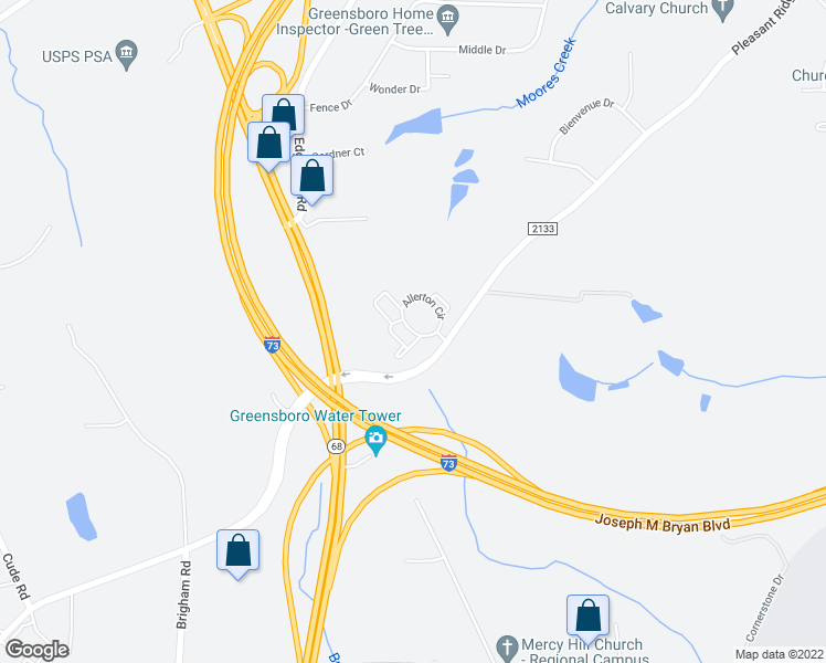 map of restaurants, bars, coffee shops, grocery stores, and more near Allerton Circle in Greensboro