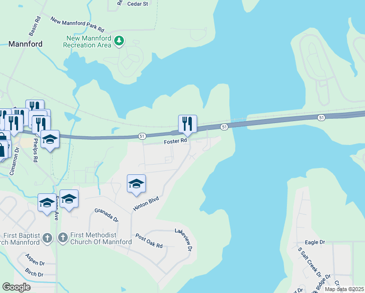 map of restaurants, bars, coffee shops, grocery stores, and more near 525 Foster Road in Mannford