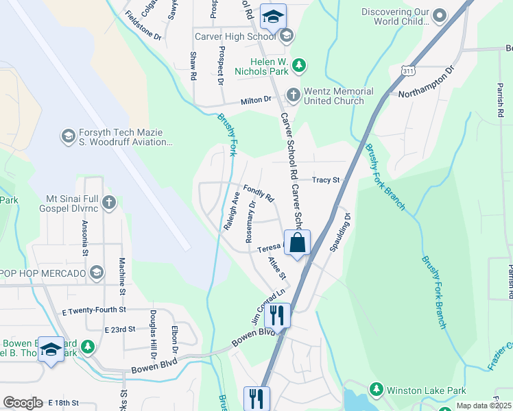 map of restaurants, bars, coffee shops, grocery stores, and more near 2713 Rosemary Drive in Winston-Salem