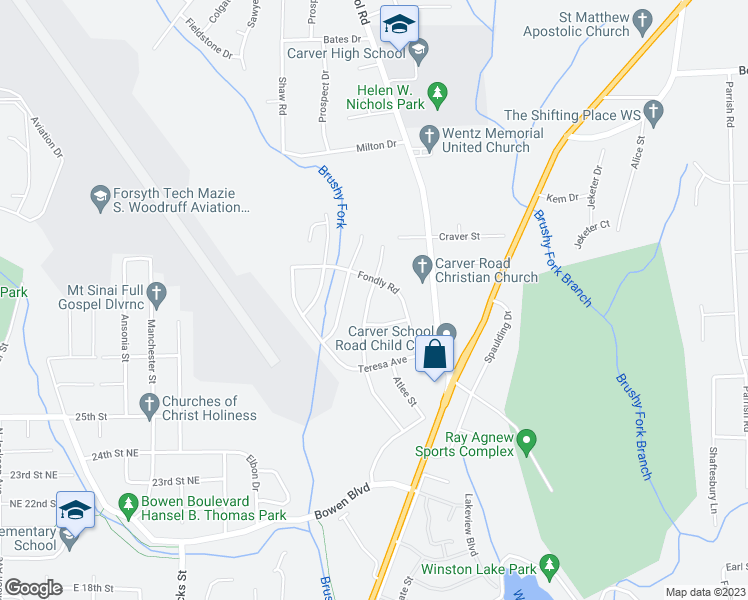 map of restaurants, bars, coffee shops, grocery stores, and more near 2713 Rosemary Drive in Winston-Salem