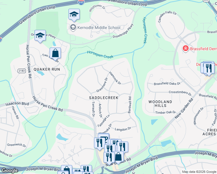 map of restaurants, bars, coffee shops, grocery stores, and more near 3103 Bannock Lane in Greensboro